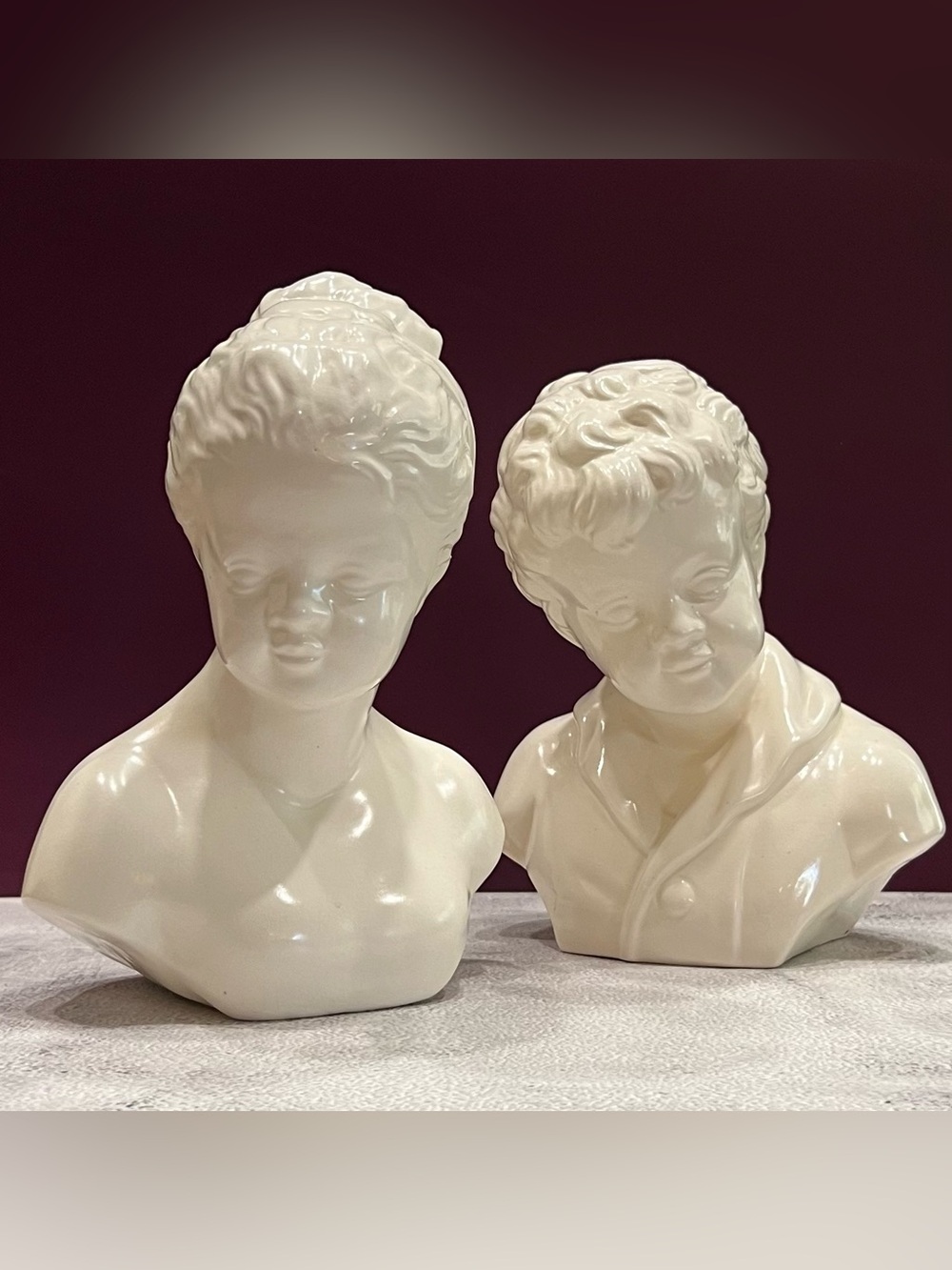 Vintage MCM Boy & Girl Ceramic Bust Set Italian Victorian Neoclassical Style 8”